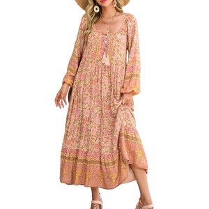 image:imageRVivimos Boho Maxi Dresses for Women 2026 Floral Print Long Sleeve Casual Button Up Loose Flowy Beach Long DressesApricot