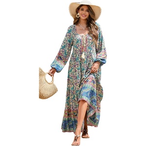 image:imageRVivimos Boho Maxi Dresses for Women 2026 Floral Print Long Sleeve Casual Button Up Loose Flowy Beach Long DressesBeige Green