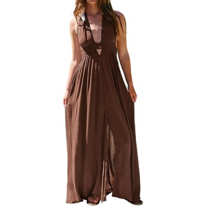 image:imageRVivimos Boho Maxi Dresses for Women 2026 Summer Sleeveless Halter Elastic Waist Sexy Backless Front Slit Flowy Long DressesBrown