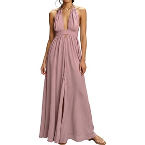 image:imageRVivimos Boho Maxi Dresses for Women 2026 Summer Sleeveless Halter Elastic Waist Sexy Backless Front Slit Flowy Long DressesDusty Mauve