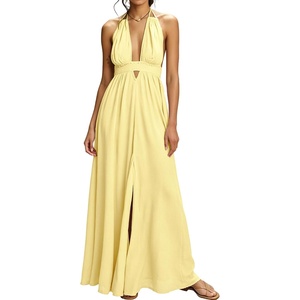 image:imageRVivimos Boho Maxi Dresses for Women 2026 Summer Sleeveless Halter Elastic Waist Sexy Backless Front Slit Flowy Long DressesLight Yellow