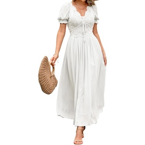 image:imageRVivimos Casual Maxi Summer Dresses for Women Puff Sleeve V Neck Lace Splicing Tie Back Flowy Backless Long DressWhite
