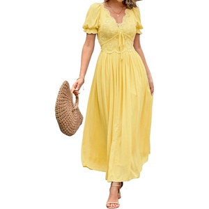 image:imageRVivimos Casual Maxi Summer Dresses for Women Puff Sleeve V Neck Lace Splicing Tie Back Flowy Backless Long DressYellow