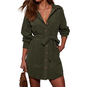 image:imageRVivimos Corduroy Cotton Mini Dress Fall Winter 2026 Casual Long Sleeve Button Down Belted Shirt Dress with PocketsArmy Green