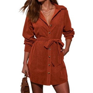 image:imageRVivimos Corduroy Cotton Mini Dress Fall Winter 2026 Casual Long Sleeve Button Down Belted Shirt Dress with PocketsRust Brown