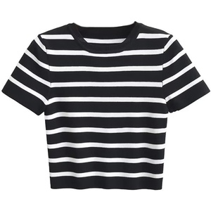 image:imageRVivimos Crop Tops for Women Spring Summer Short Sleeve Crew Neck RibKnit Stretchy Striped TShirts BlousesBlackwhite
