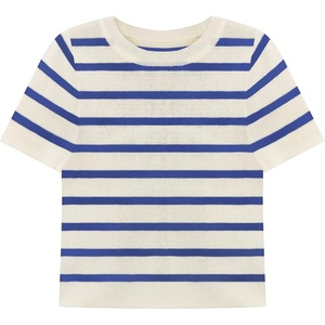 image:imageRVivimos Crop Tops for Women Spring Summer Short Sleeve Crew Neck RibKnit Stretchy Striped TShirts BlousesWhiteblue