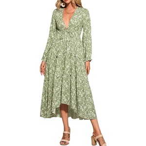 image:imageRVivimos Fall Floral Dress for Women 2026 Boho Long Sleeve V Neck Drawstring Tie Loose Tiered Flowy Midi Dress with PocketsGreen