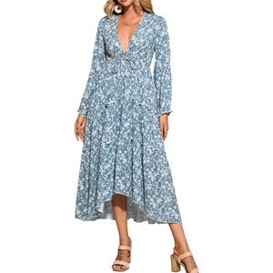 image:imageRVivimos Fall Floral Dress for Women 2026 Boho Long Sleeve V Neck Drawstring Tie Loose Tiered Flowy Midi Dress with PocketsLight Blue