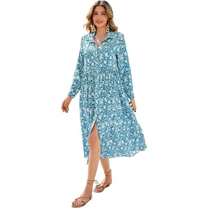 image:imageRVivimos Long Sleeve Boho Dresses for Women 2026 Floral Print Casual Button Down Loose Flowy Midi Shirt Dress with PocketsBlue