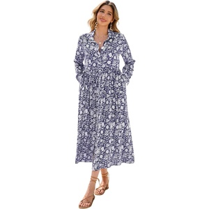 image:imageRVivimos Long Sleeve Boho Dresses for Women 2026 Floral Print Casual Button Down Loose Flowy Midi Shirt Dress with PocketsDark Blue