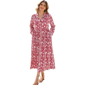 image:imageRVivimos Long Sleeve Boho Dresses for Women 2026 Floral Print Casual Button Down Loose Flowy Midi Shirt Dress with PocketsRed