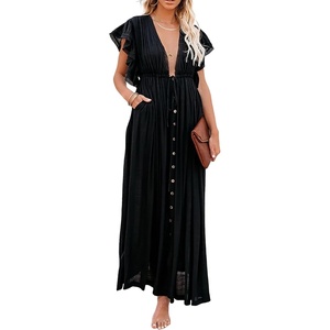 image:imageRVivimos Maxi Dresses for Women 2026 Summer Short Sleeve V Neck Drawstring Tie Boho Loose Flowy Long Dresses with PocketsBlack