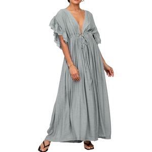 image:imageRVivimos Maxi Dresses for Women 2026 Summer Short Sleeve V Neck Drawstring Tie Boho Loose Flowy Long Dresses with PocketsGray