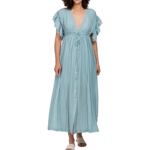 image:imageRVivimos Maxi Dresses for Women 2026 Summer Short Sleeve V Neck Drawstring Tie Boho Loose Flowy Long Dresses with PocketsSky Blue