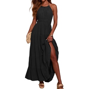 image:imageRVivimos Maxi Halter Dresses for Women Summer 2026 Boho Sleeveless Elastic Waist Sexy Backless Tiered Flowy Beach SundressBlack