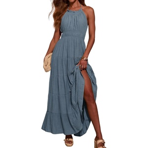 image:imageRVivimos Maxi Halter Dresses for Women Summer 2026 Boho Sleeveless Elastic Waist Sexy Backless Tiered Flowy Beach SundressHaze Blue