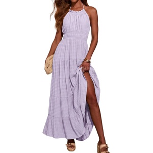 image:imageRVivimos Maxi Halter Dresses for Women Summer 2026 Boho Sleeveless Elastic Waist Sexy Backless Tiered Flowy Beach SundressLight Purple
