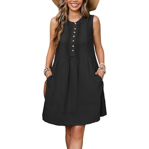 image:imageRVivimos Sleeveless Cotton Casual Dresses for Women Summer 2026 Button Up Ruched Loose Tunic Mini Dress with PocketsBlack