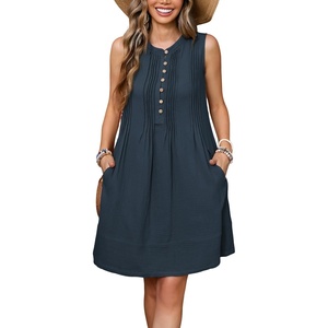 image:imageRVivimos Sleeveless Cotton Casual Dresses for Women Summer 2026 Button Up Ruched Loose Tunic Mini Dress with PocketsNavy Blue