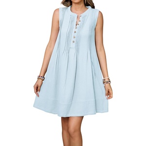 image:imageRVivimos Sleeveless Cotton Casual Dresses for Women Summer 2026 Button Up Ruched Loose Tunic Mini Dress with PocketsSky Blue
