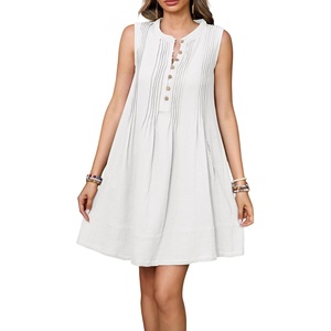 image:imageRVivimos Sleeveless Cotton Casual Dresses for Women Summer 2026 Button Up Ruched Loose Tunic Mini Dress with PocketsWhite