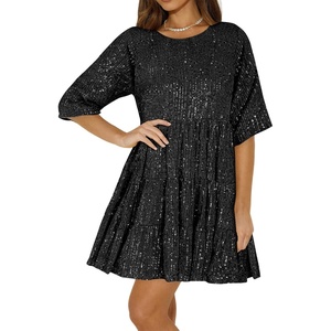 image:imageRVivimos Sparkly Sequin Babydoll Dress for Women 2025 Summer Short Sleeve Loose Tiered Swing Tunic Mini Dress ClubwearBlack