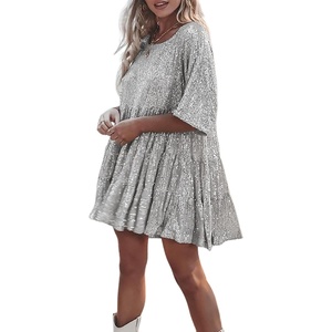 image:imageRVivimos Sparkly Sequin Babydoll Dress for Women 2025 Summer Short Sleeve Loose Tiered Swing Tunic Mini Dress ClubwearSilver