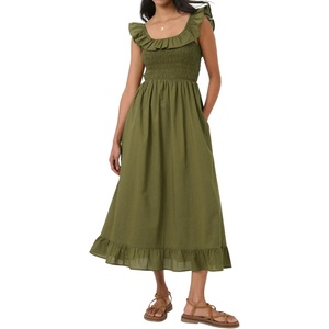 image:imageRVivimos Summer 2026 Cotton Sleeveless Square Neck Ruffle Smocked Casual ALine Flowy Midi Dress with PocketsArmy Green