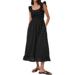 image:imageRVivimos Summer 2026 Cotton Sleeveless Square Neck Ruffle Smocked Casual ALine Flowy Midi Dress with PocketsBlack