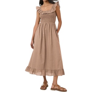 image:imageRVivimos Summer 2026 Cotton Sleeveless Square Neck Ruffle Smocked Casual ALine Flowy Midi Dress with PocketsKhaki