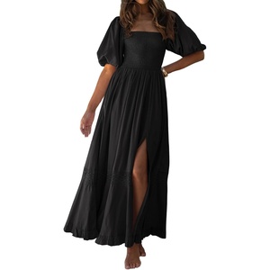 image:imageRVivimos Summer Boho Maxi Dresses for Women 2026 Puff Sleeve Square Neck Smocked Casual Slit Flowy Long Dress with PocketsBlack