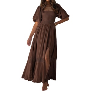 image:imageRVivimos Summer Boho Maxi Dresses for Women 2026 Puff Sleeve Square Neck Smocked Casual Slit Flowy Long Dress with PocketsBrown