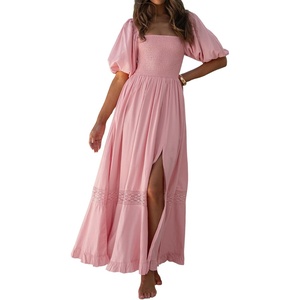 image:imageRVivimos Summer Boho Maxi Dresses for Women 2026 Puff Sleeve Square Neck Smocked Casual Slit Flowy Long Dress with PocketsPink