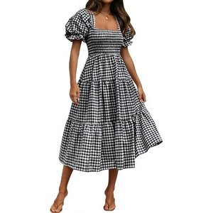 image:imageRVivimos Summer Boho Plaid Midi Dresses for Women 2026 Puff Sleeve Square Neck Casual Smocked Ruffle Tiered Flowy DressesBlack