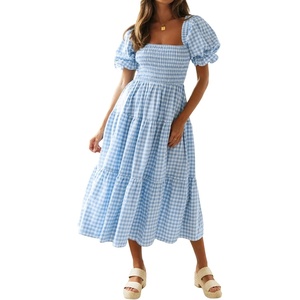 image:imageRVivimos Summer Boho Plaid Midi Dresses for Women 2026 Puff Sleeve Square Neck Casual Smocked Ruffle Tiered Flowy DressesLight Blue