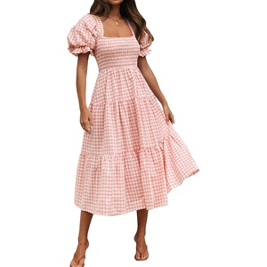 image:imageRVivimos Summer Boho Plaid Midi Dresses for Women 2026 Puff Sleeve Square Neck Casual Smocked Ruffle Tiered Flowy DressesPink