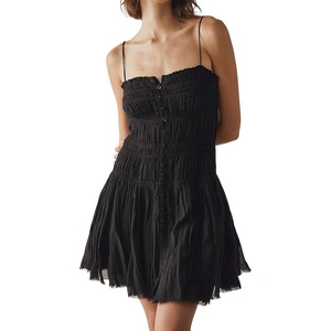 image:imageRVivimos Summer Cotton Spaghetti Strap Dresses for Women 2026 Boho Stretchy Ruched Button Down Swing Mini DressBlack