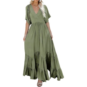 image:imageRVivimos Summer Flowy Maxi Dresses for Women 2026 V Neck Short Sleeve Tie Back Boho Casual Tiered Ruffle Long DressArmy Green