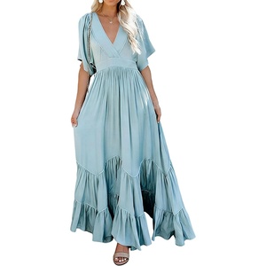 image:imageRVivimos Summer Flowy Maxi Dresses for Women 2026 V Neck Short Sleeve Tie Back Boho Casual Tiered Ruffle Long DressBlue