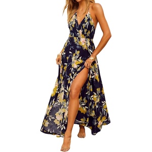 image:imageRVivimos Summer Maxi Halter Dresses for Women 2026 V Neck Smocked Boho Floral Print Flowy Slit Vacation Beach Long SundressDark Blue
