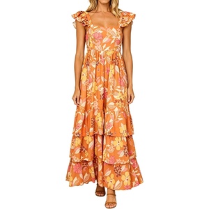 image:imageRVivimos Summer Maxi Hawaiian Dresses for Women 2026 Boho Floral Print Flutter Sleeve Square Neck Layered Flowy Beach DressOrange