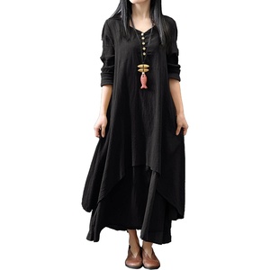 image:imageRVivimos Women Long Sleeve V Neck Casual Loose Plus Size Irregular Long DressesBlack