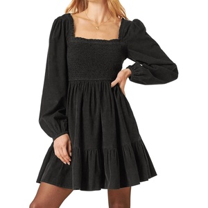 image:imageRVivimos Womens 2026 Fall Corduroy Cotton Long Sleeve Square Neck Elastic Smocked ALine Ruffle Mini DressBlack