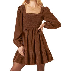 image:imageRVivimos Womens 2026 Fall Corduroy Cotton Long Sleeve Square Neck Elastic Smocked ALine Ruffle Mini DressBrown