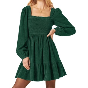 image:imageRVivimos Womens 2026 Fall Corduroy Cotton Long Sleeve Square Neck Elastic Smocked ALine Ruffle Mini DressDark Green