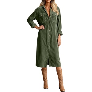 image:imageRVivimos Womens 2026 Fall Corduroy Cotton Midi Dress Long Sleeve Button Down Casual Loose Shirt Long Dresses with PocketsArmy Green
