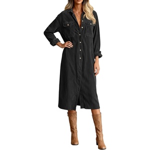 image:imageRVivimos Womens 2026 Fall Corduroy Cotton Midi Dress Long Sleeve Button Down Casual Loose Shirt Long Dresses with PocketsBlack