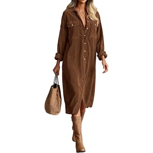 image:imageRVivimos Womens 2026 Fall Corduroy Cotton Midi Dress Long Sleeve Button Down Casual Loose Shirt Long Dresses with PocketsBrown