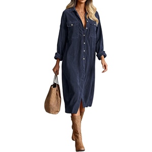 image:imageRVivimos Womens 2026 Fall Corduroy Cotton Midi Dress Long Sleeve Button Down Casual Loose Shirt Long Dresses with PocketsNavy Blue